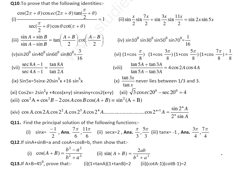 Cbse Class 11 Trigonometry Pdf Test Papers